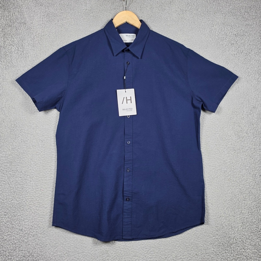 Selected Homme Shirt Mens Size XL‎ Navy Seersucker Short Sleeve Slim Fit Summer